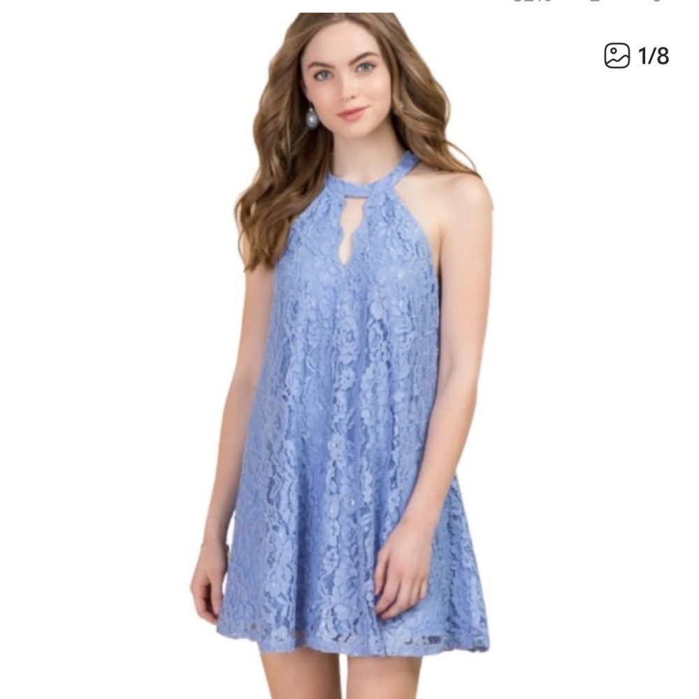 Francesca's Halter Neck Lace Swing Shift Periwinkle Baby Blue Dress, SZ Small